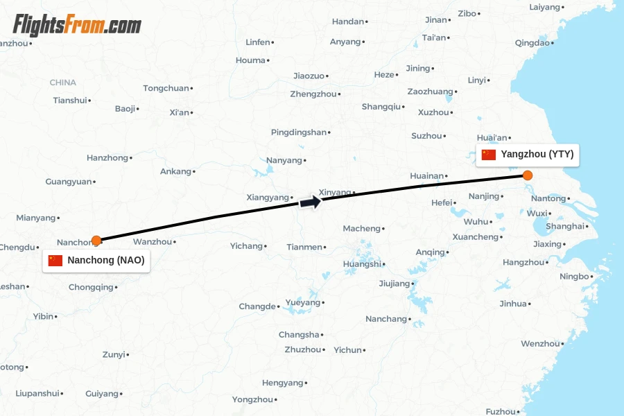 Flights from Nanchong to Yangzhou route map