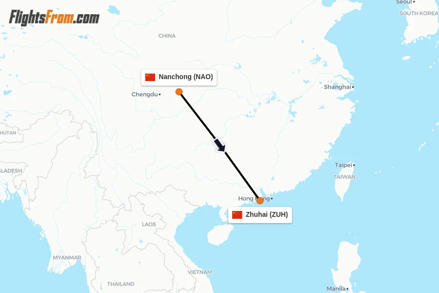 Flights from Nanchong to Zhuhai route map