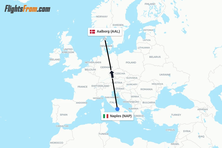 Flights from Naples to Aalborg route map