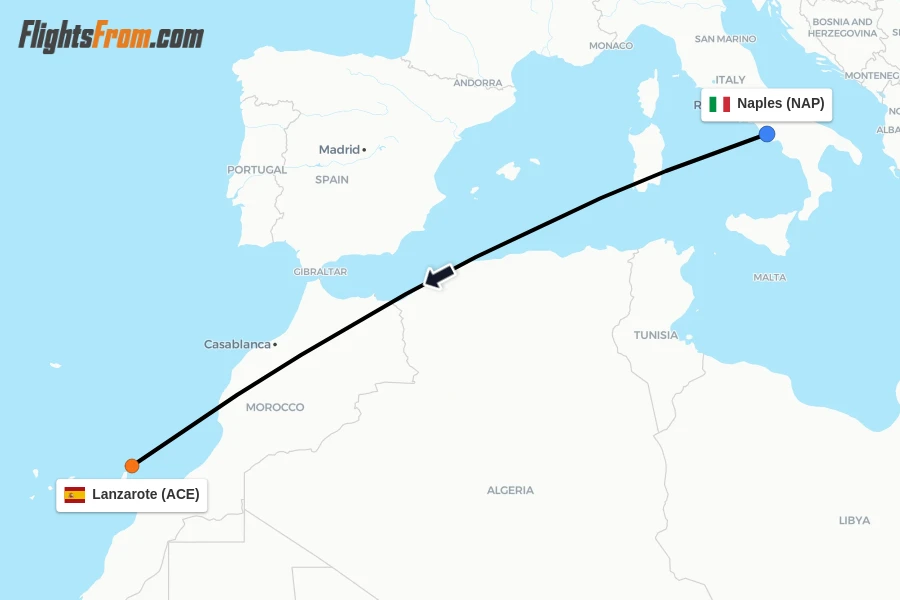 Flights from Naples to Lanzarote route map