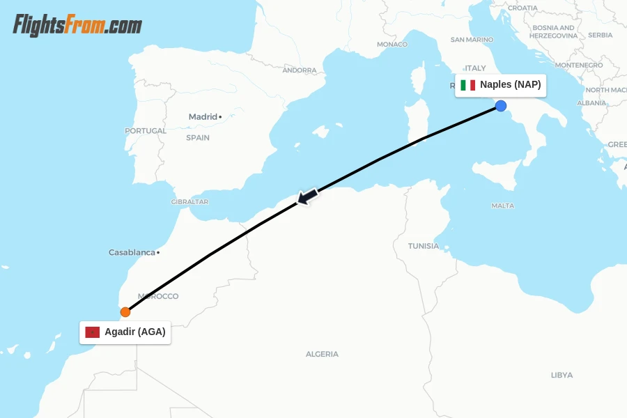 Flights from Naples to Agadir route map