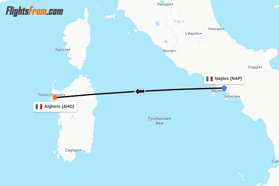 Flights from Naples to Alghero route map