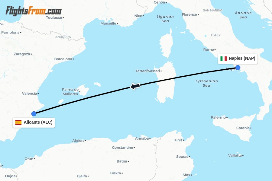 Flights from Naples to Alicante route map