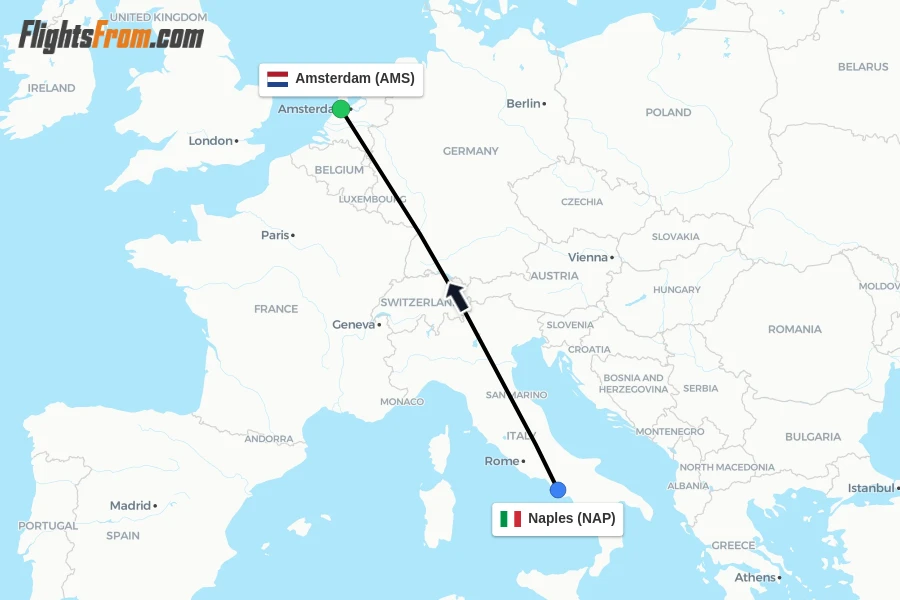 Flights from Naples to Amsterdam route map