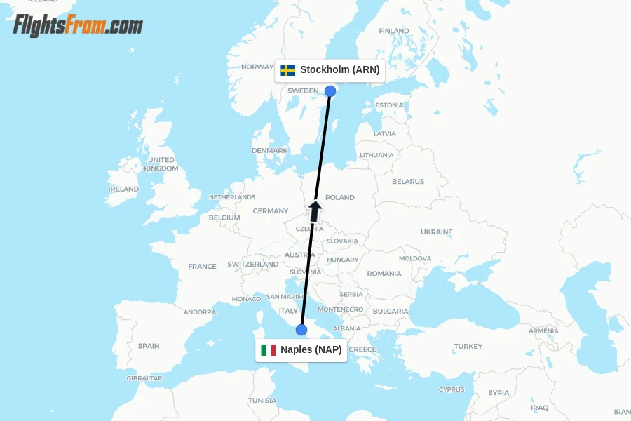 Flights from Naples to Stockholm route map