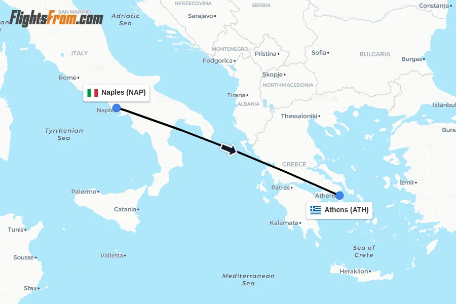 Flights from Naples to Athens route map