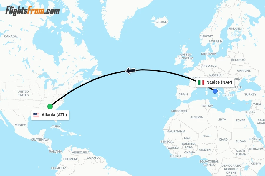 Flights from Naples to Atlanta route map