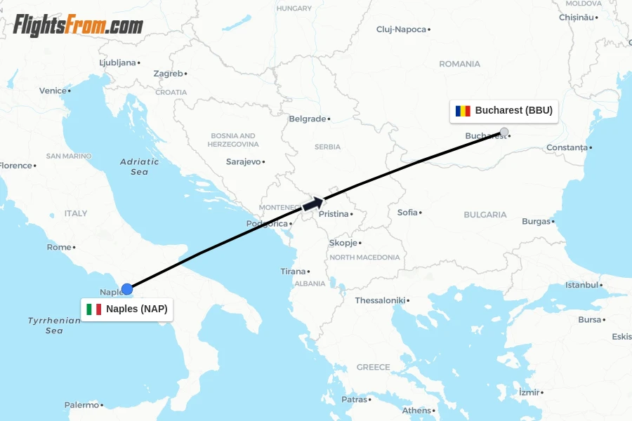 Flights from Naples to Bucharest route map