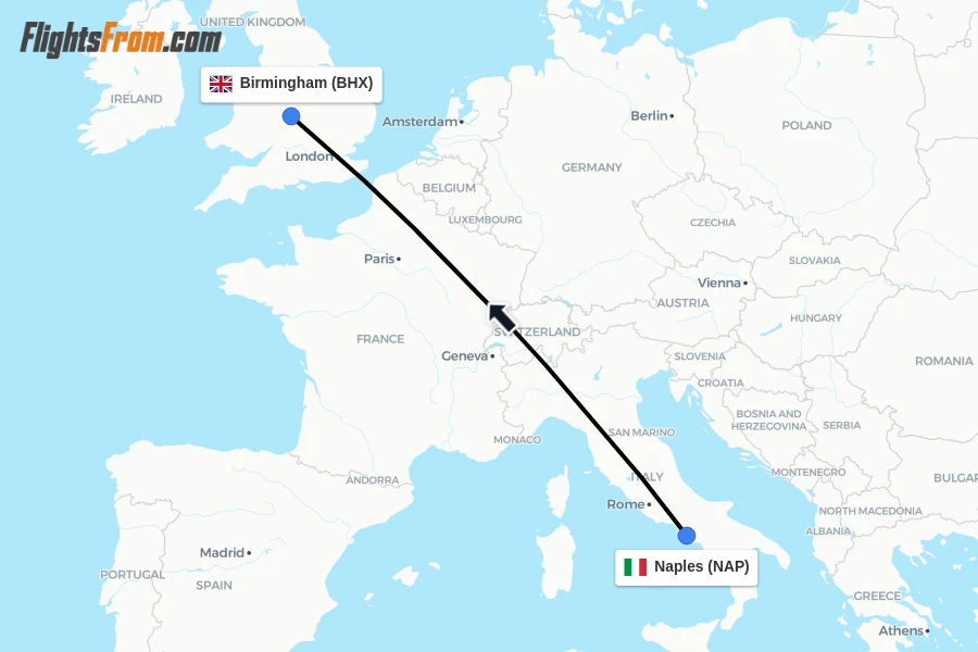 Flights from Naples to Birmingham route map