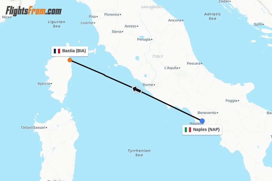 Flights from Naples to Bastia route map
