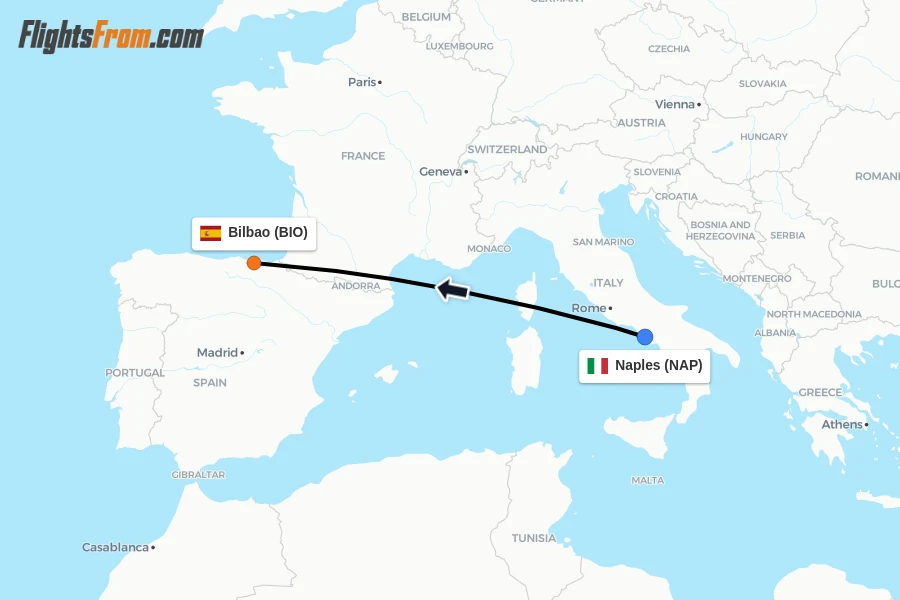 Flights from Naples to Bilbao route map
