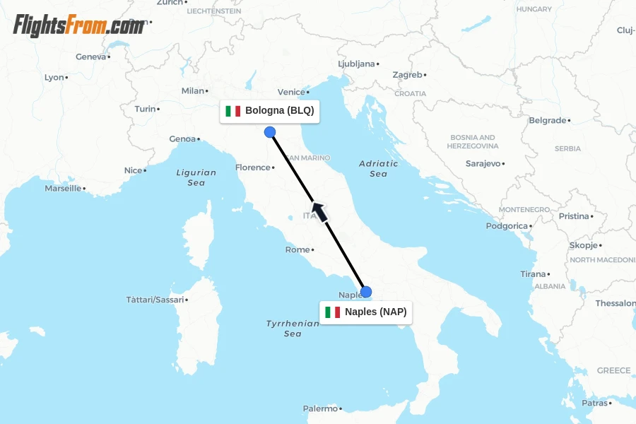 Flights from Naples to Bologna route map
