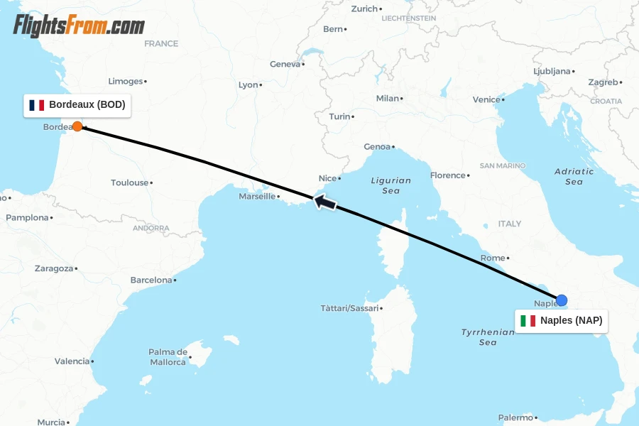 Flights from Naples to Bordeaux route map