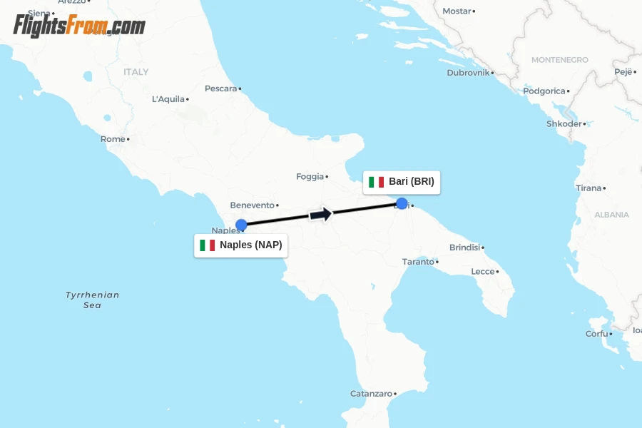 Flights from Naples to Bari route map