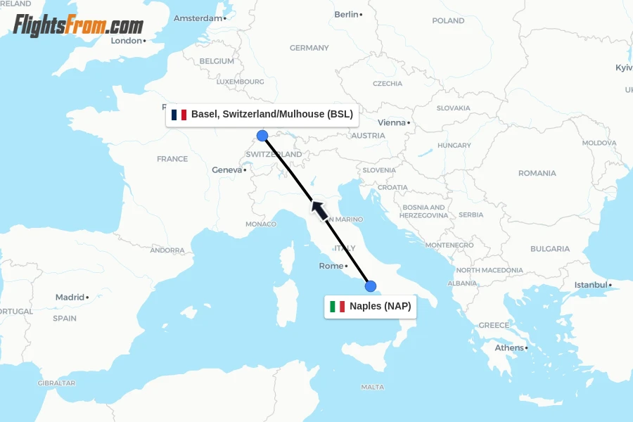 Flights from Naples to Basel, Switzerland/Mulhouse route map