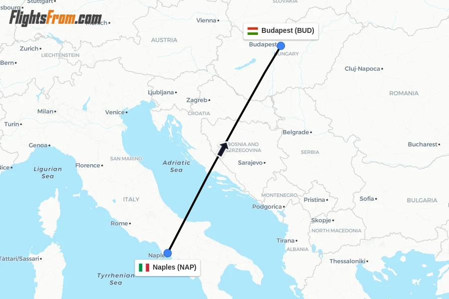 Flights from Naples to Budapest route map