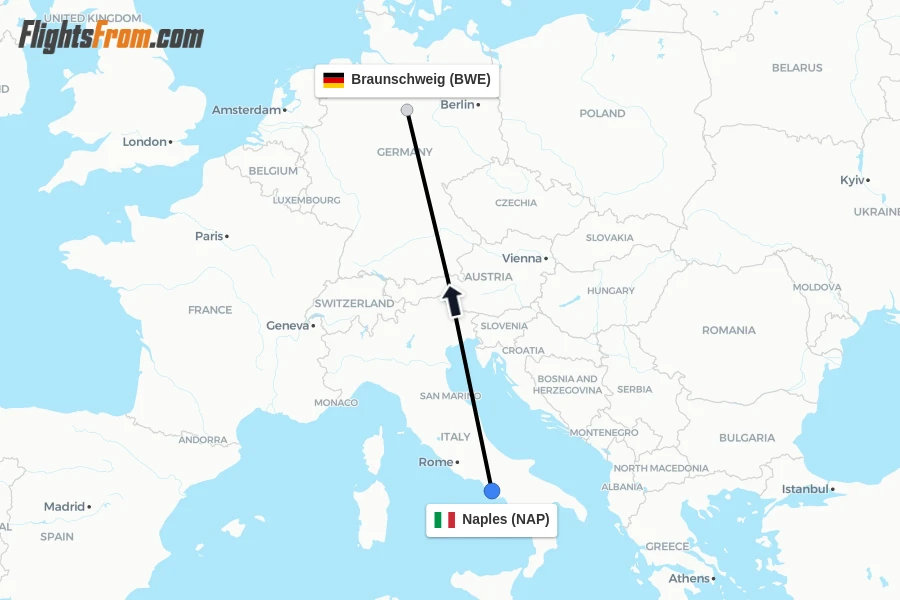 Flights from Naples to Braunschweig route map