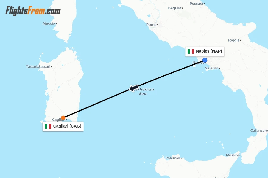 Flights from Naples to Cagliari route map