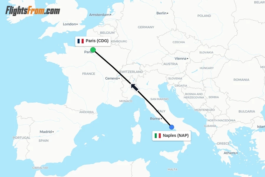 Flights from Naples to Paris route map