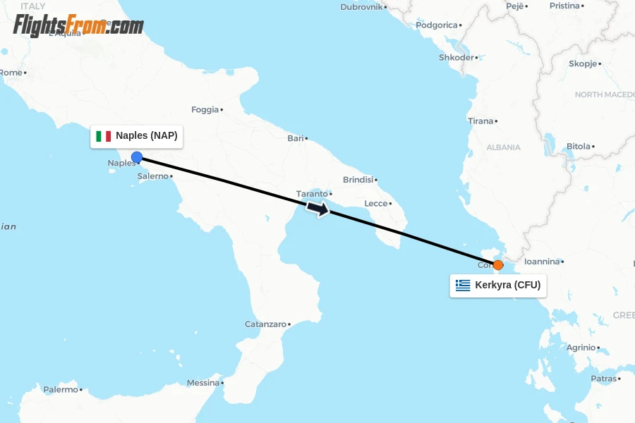 Flights from Naples to Kerkyra route map