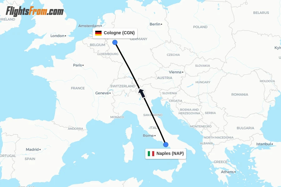 Flights from Naples to Cologne route map