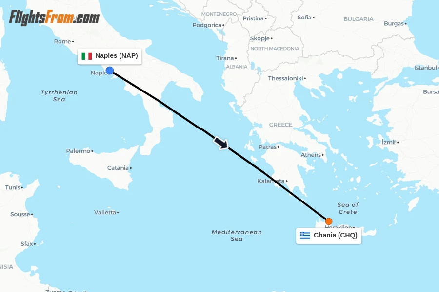 Flights from Naples to Chania route map