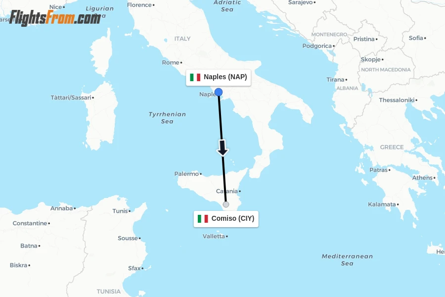 Flights from Naples to Comiso route map