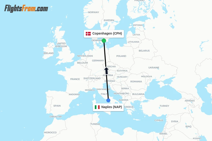 Flights from Naples to Copenhagen route map