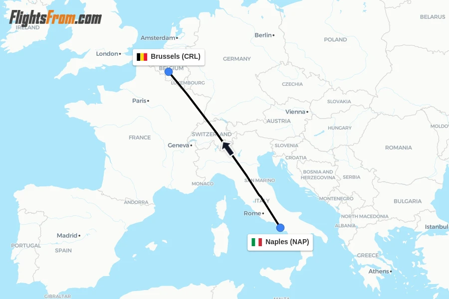 Flights from Naples to Brussels route map