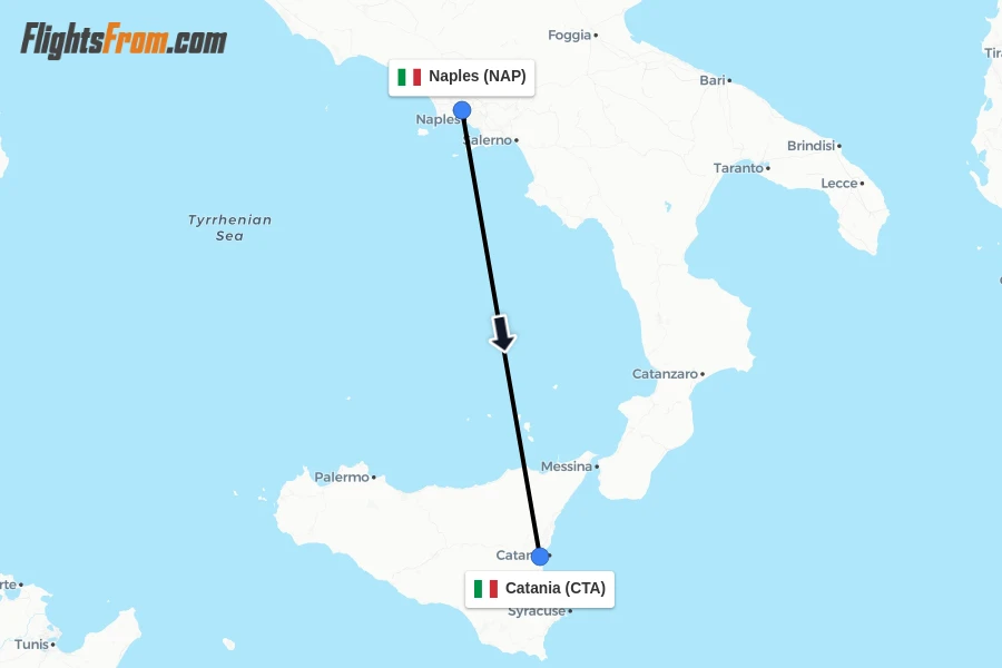 Flights from Naples to Catania route map