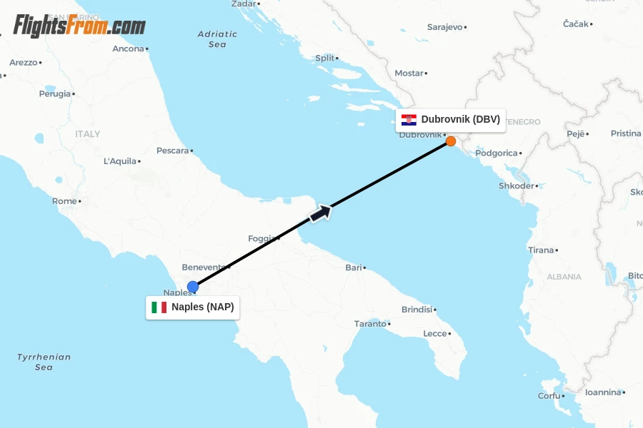 Flights from Naples to Dubrovnik route map