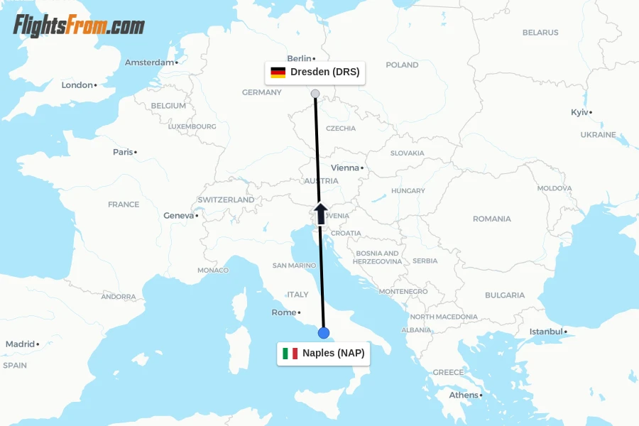 Flights from Naples to Dresden route map