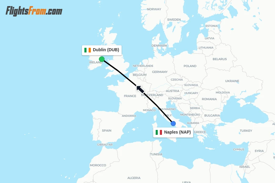 Flights from Naples to Dublin route map