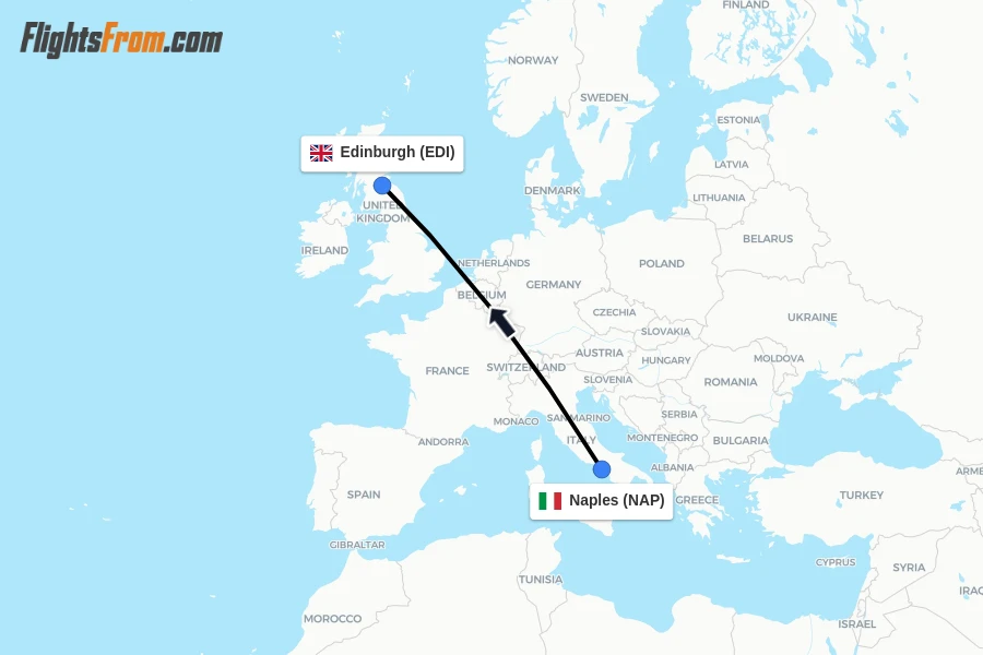 Flights from Naples to Edinburgh route map