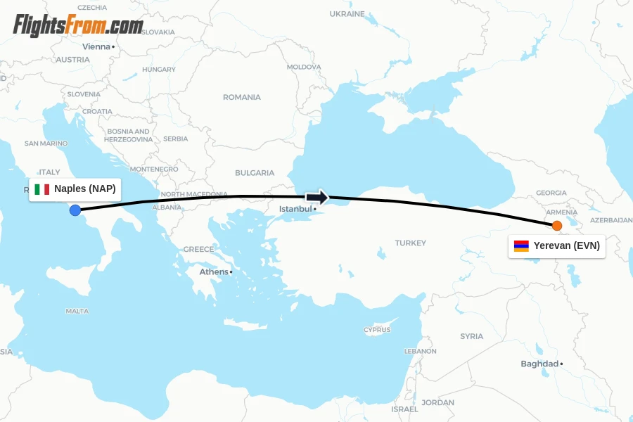 Flights from Naples to Yerevan route map