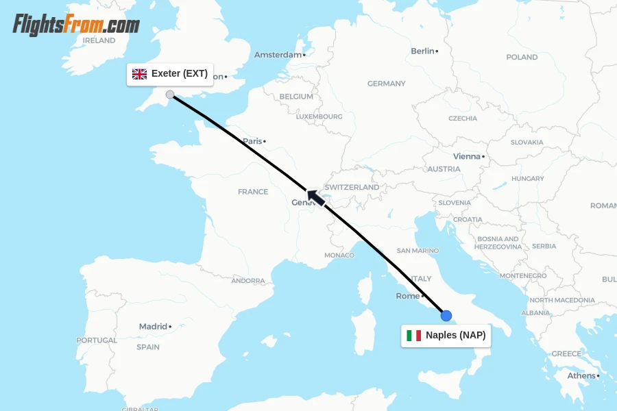 Flights from Naples to Exeter route map