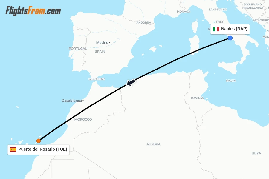 Flights from Naples to Puerto del Rosario route map