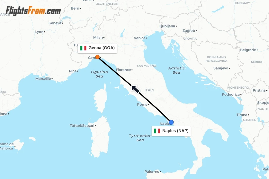 Flights from Naples to Genoa route map
