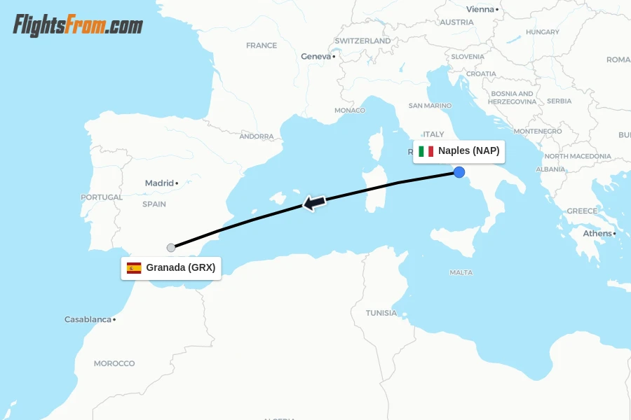 Flights from Naples to Granada route map