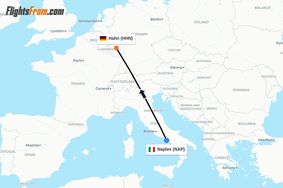 Flights from Naples to Hahn route map