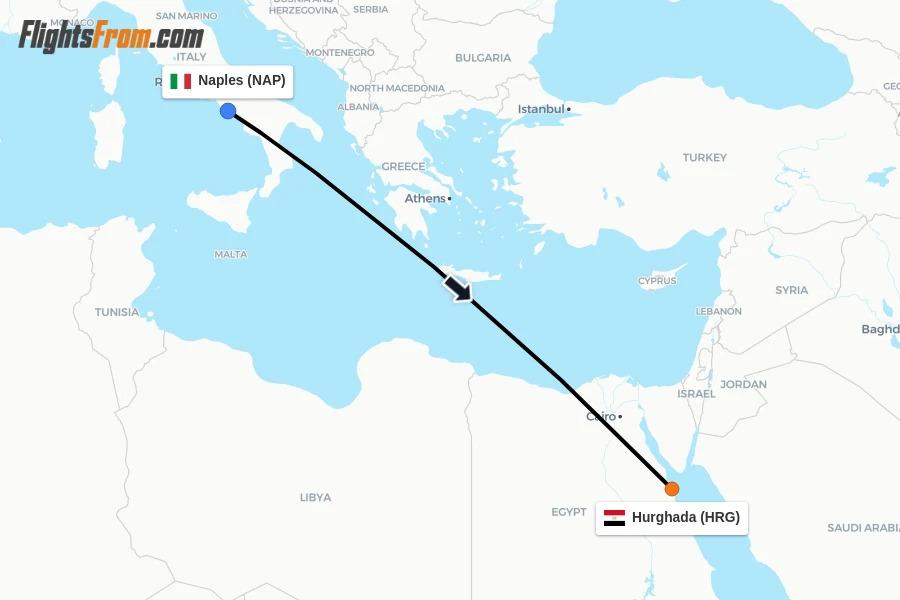 Flights from Naples to Hurghada route map