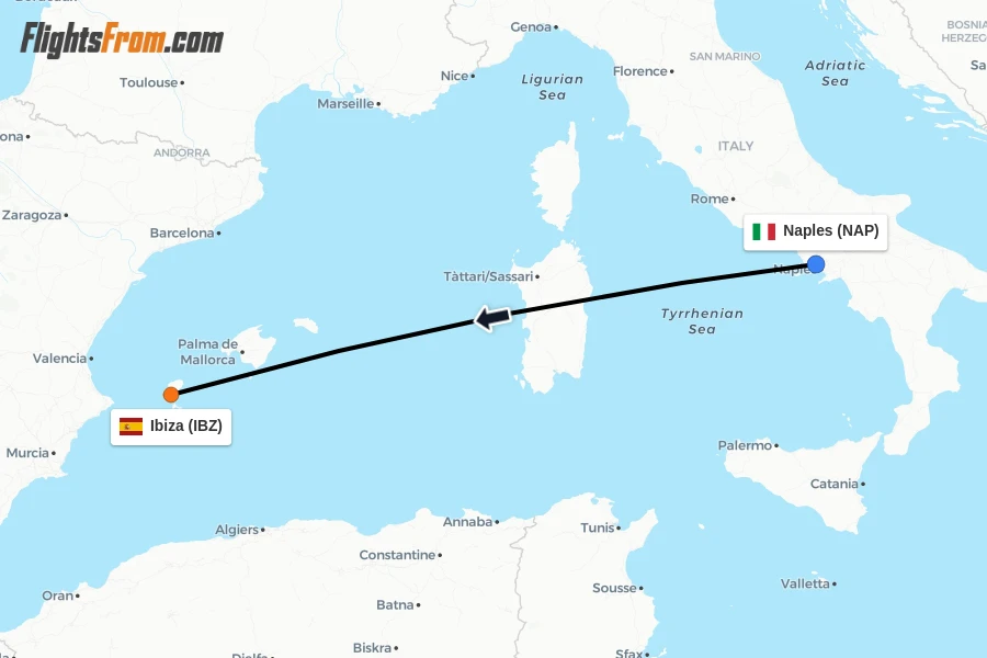 Flights from Naples to Ibiza route map