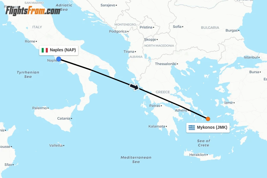 Flights from Naples to Mykonos route map
