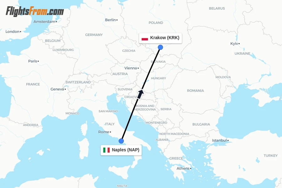 Flights from Naples to Krakow route map