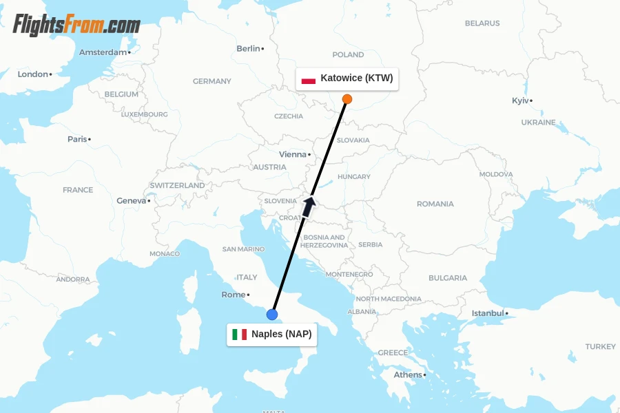 Flights from Naples to Katowice route map