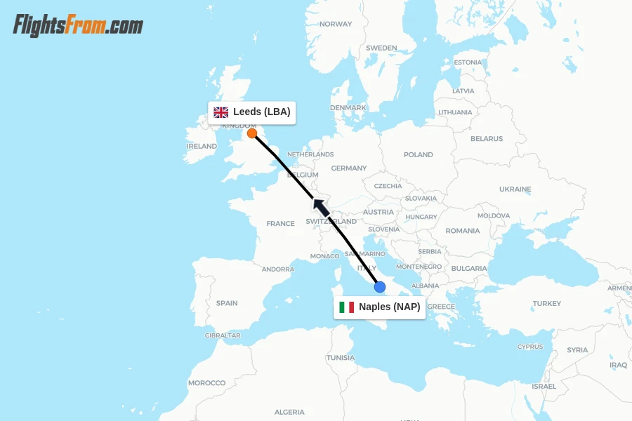 Flights from Naples to Leeds route map