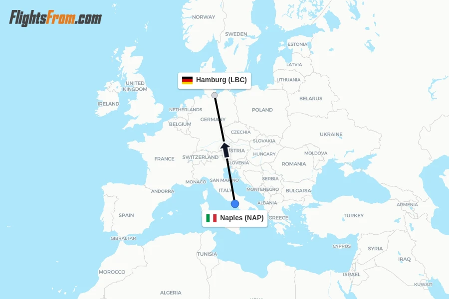 Flights from Naples to Hamburg route map