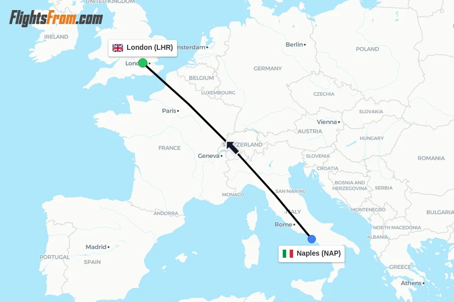 Flights from Naples to London route map
