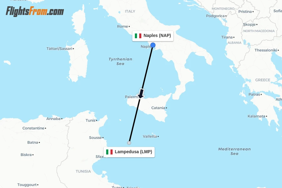 Flights from Naples to Lampedusa route map