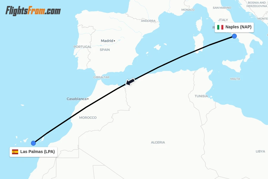 Flights from Naples to Las Palmas route map